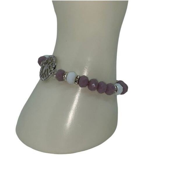 Purple White Beaded Silver-Tone Tree of Life Pendant Rhinestone Stretch Bracelet - Picture 5 of 9